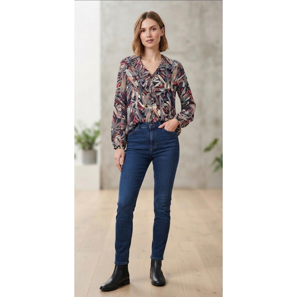 NIC+ZOE Abstract Print V-Neck Ruffle Blouse - Women’s Long Sleeve Size S - NWOT
